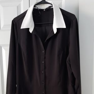 City Chic Black flare blouse with white collar .